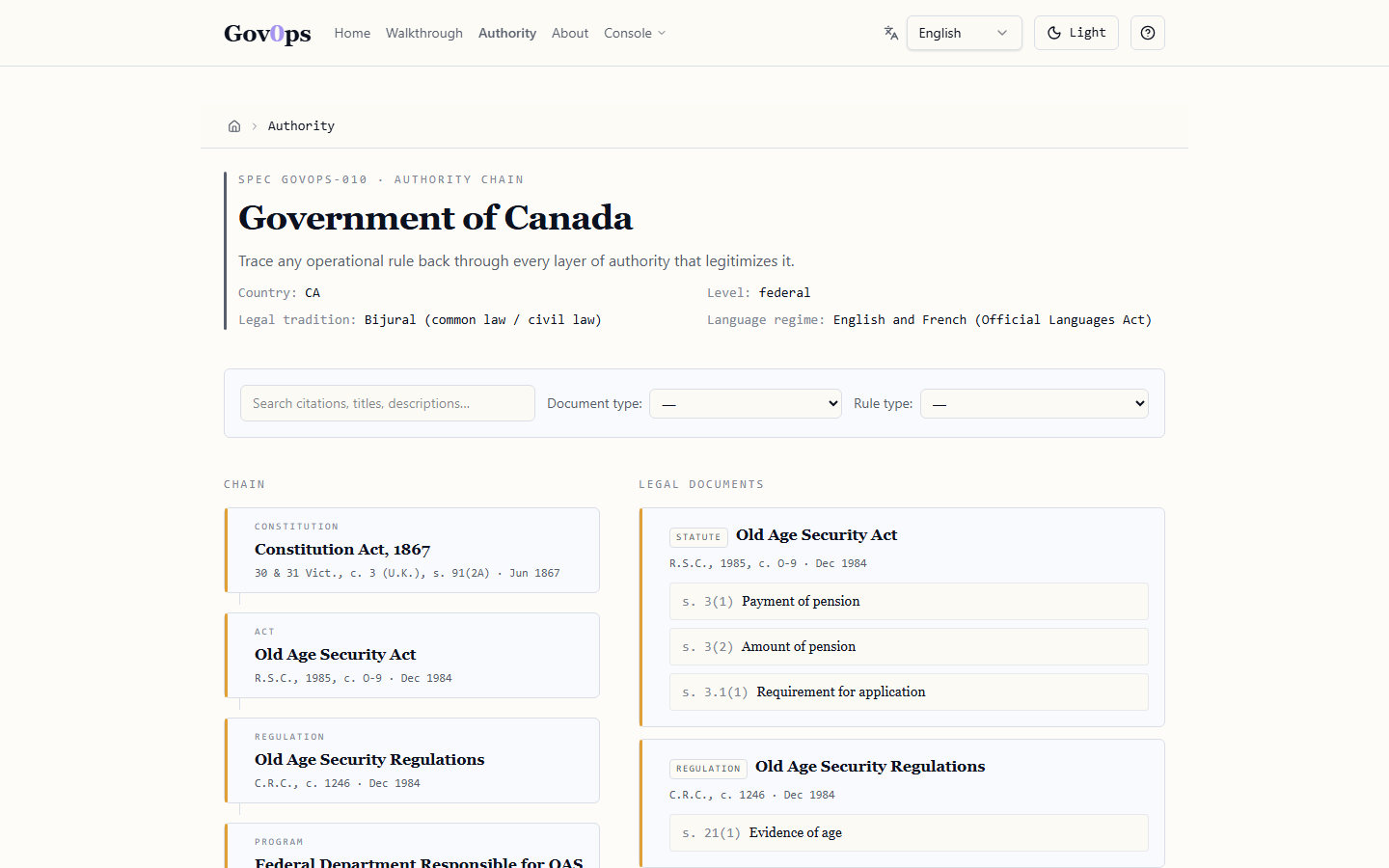 Authority chain browser — Constitution to Act to Regulation to Service decision, with citations and effective dates per layer.
