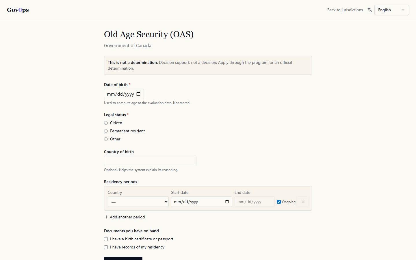 Citizen self-screening form for Canada OAS — date of birth, legal status, country of birth, residency periods, evidence checkboxes.