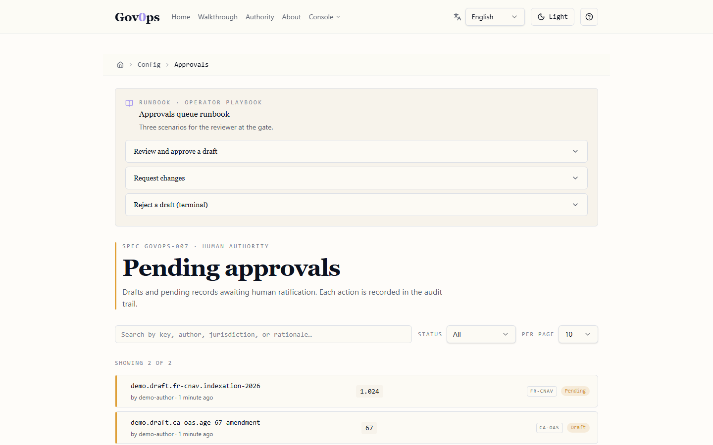 Approval queue — drafted ConfigValues awaiting dual approval, with author, citation, rationale, and approve / request-changes / reject actions.