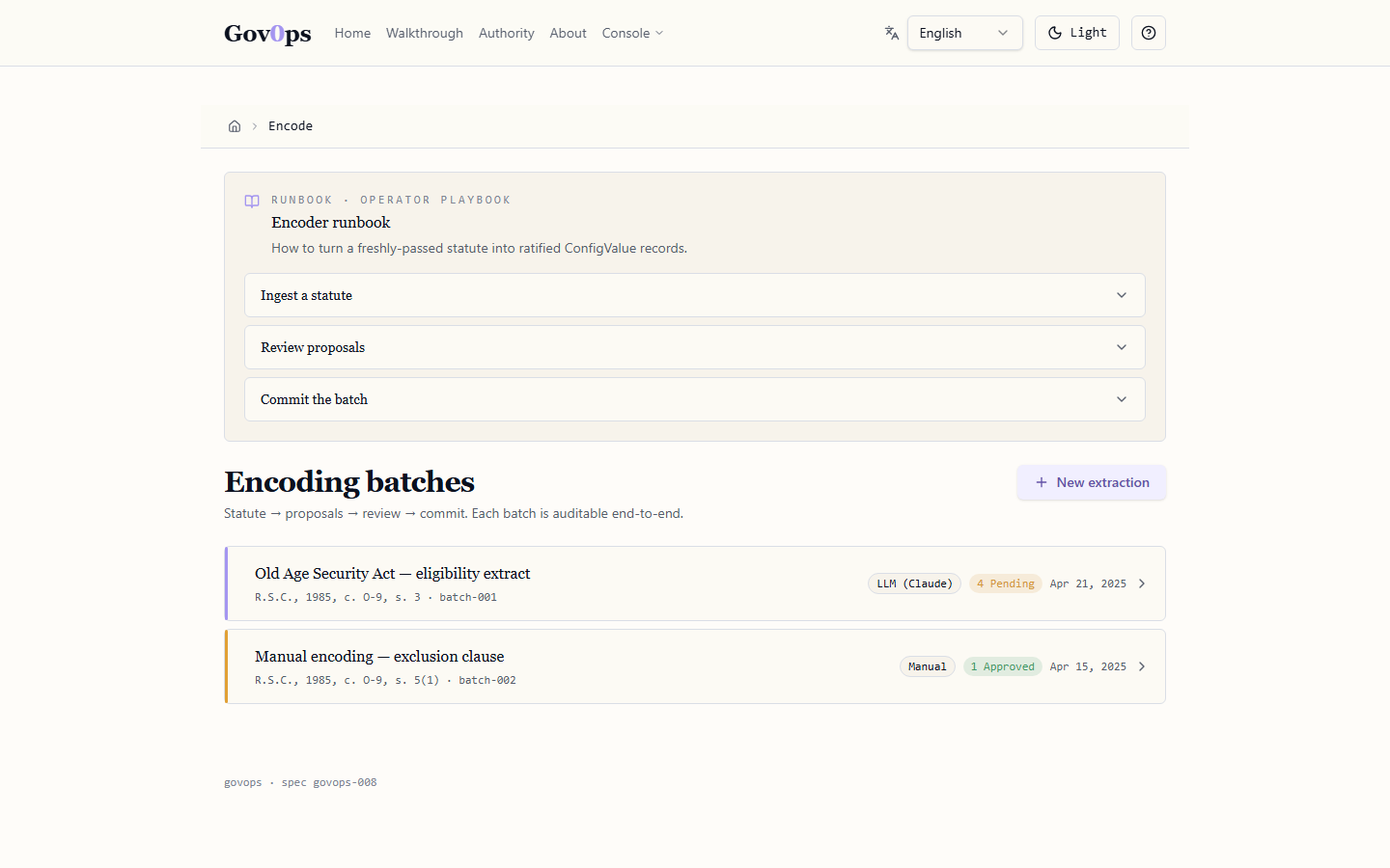 Encoding pipeline — paste statutory text, an LLM extracts candidate rules, a human reviews each proposal, accepted proposals commit as ConfigValue records.