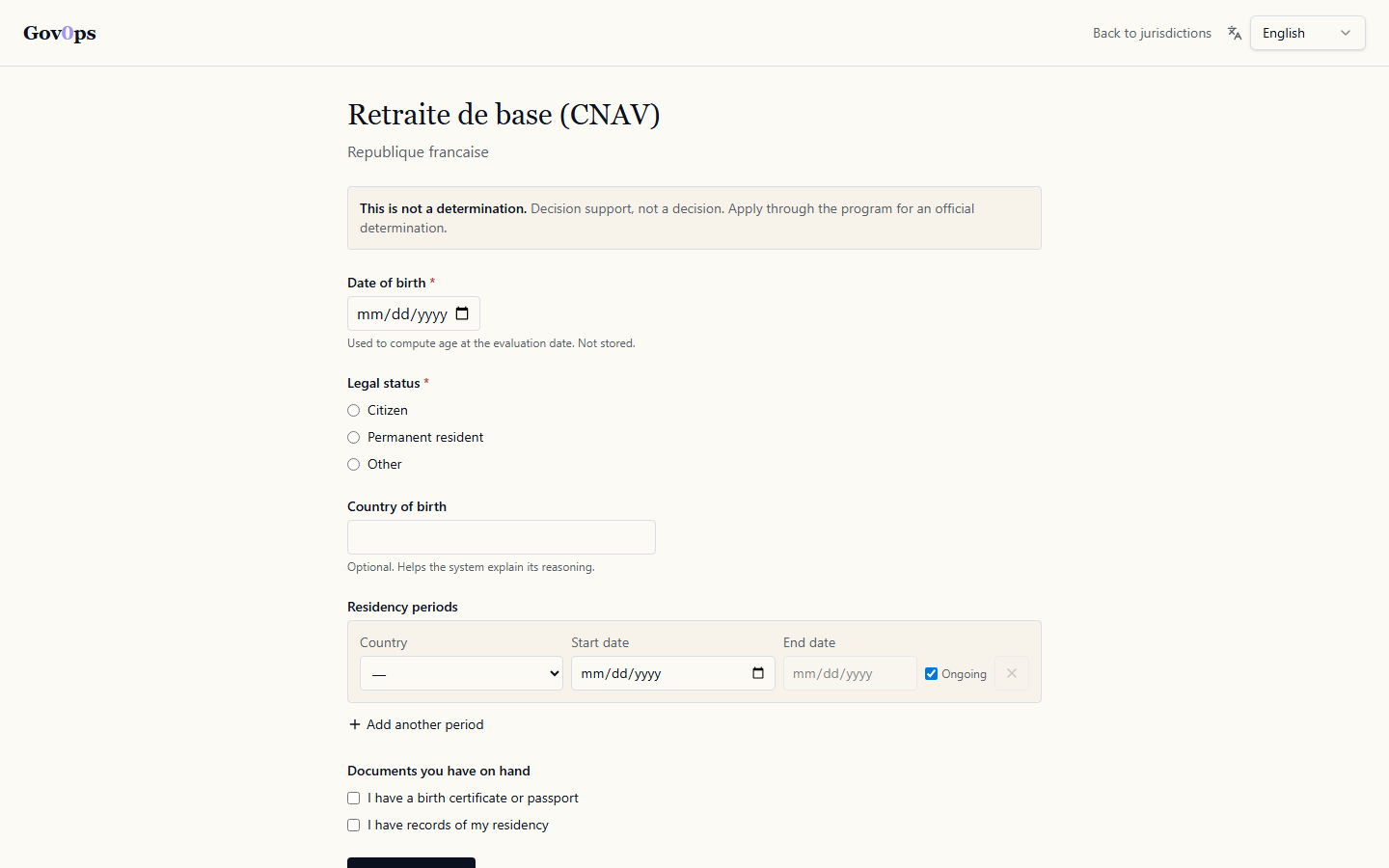 Self-screening for France — Retraite de base (CNAV), République française. Substrate-driven program text renders in French.